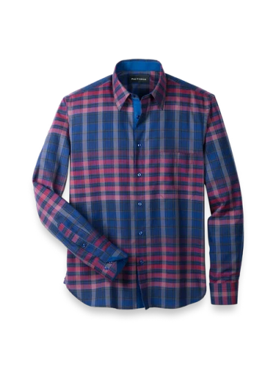 Paul Fredrick Slim Fit Cotton Plaid Point Collar Casual Shirt In Multi