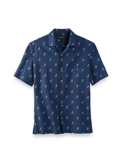 Paul Fredrick Slim Fit Linen Blend Novelty Print Casual Shirt In Blue