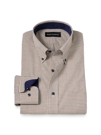 Paul Fredrick Tailored Fit Non-iron Cotton Check Dress Shirt With Contrast Trim In Multi
