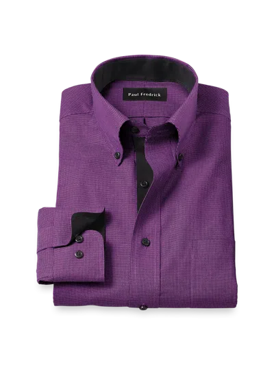 Paul Fredrick Tailored Fit Non-iron Cotton Houndstooth Dress Shirt With Contrast Trim In Purple