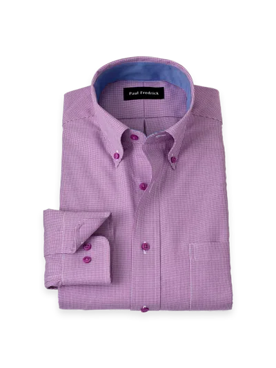 Paul Fredrick Tailored Fit Non-iron Cotton Houndstooth Dress Shirt With Contrast Trim In Pink