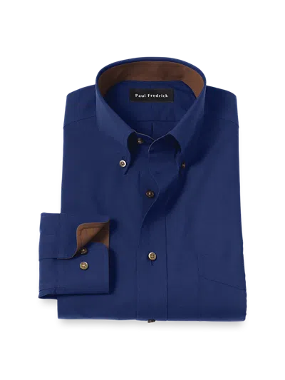 Paul Fredrick Tailored Fit Non-iron Cotton Solid Dress Shirt With Contrast Trim In Blue