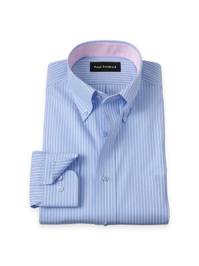 Paul Fredrick Tailored Fit Non-iron Cotton Stripe Dress Shirt With Contrast Trim In Blue