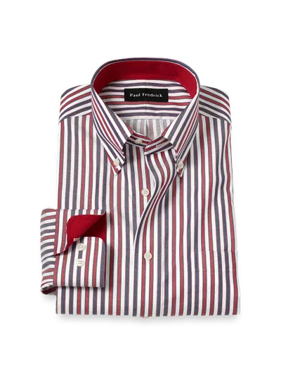Paul Fredrick Slim Fit Non-iron Cotton Stripe Dress Shirt With Contrast Trim In Multi