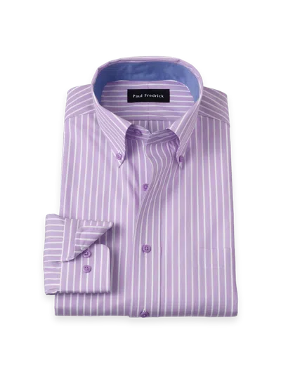 Paul Fredrick Tailored Fit Non-iron Cotton Stripe Dress Shirt With Contrast Trim In Purple