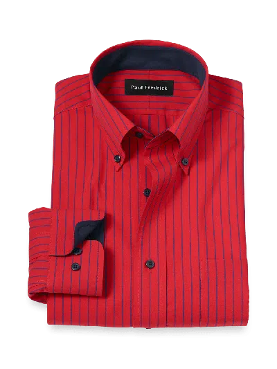 Paul Fredrick Tailored Fit Non-iron Cotton Stripe Dress Shirt With Contrast Trim In Red