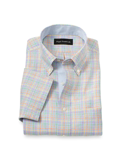 Paul Fredrick Tailored Fit Non-iron Linen Plaid Dress Shirt With Contrast Trim In Multi