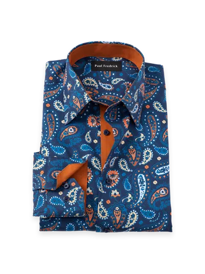 Paul Fredrick Tailored Fit Non-iron Cotton Paisley Dress Shirt With Contrast Trim In Blue