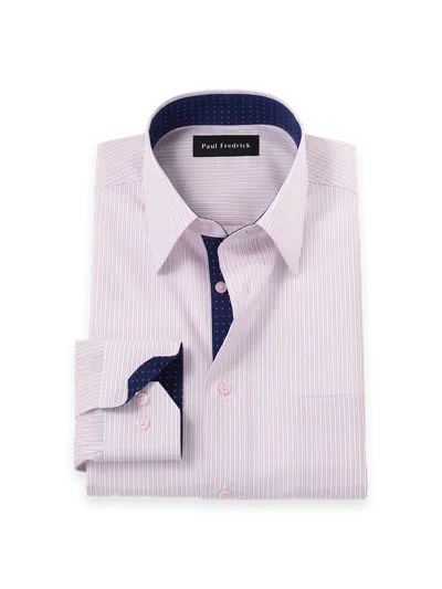 Paul Fredrick Tailored Fit Non-iron Cotton Stripe Dress Shirt With Contrast Trim In Pink