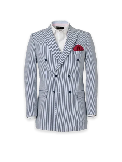 Paul Fredrick Stripe Seersucker Double Breasted Peak Lapel Suit Jacket In Multi