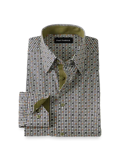 Paul Fredrick Tailored Fit Comfort Stretch Non-iron Check Dress Shirt With Contrast Trim In Green