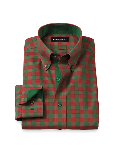Paul Fredrick Tailored Fit Comfort Stretch Non-iron Check Dress Shirt With Contrast Trim In Green