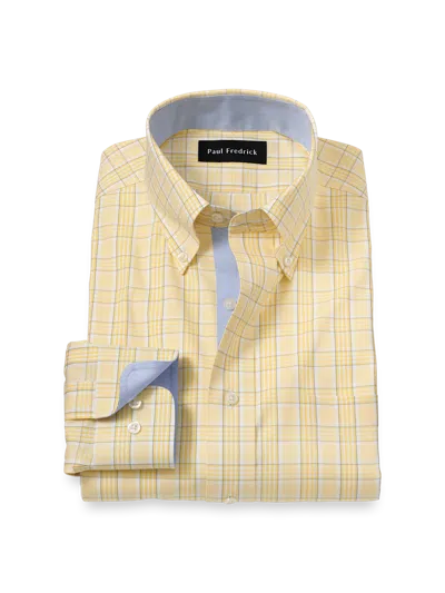 Paul Fredrick Tailored Fit Comfort Stretch Non-iron Stripe Dress Shirt With Contrast Trim In Yellow