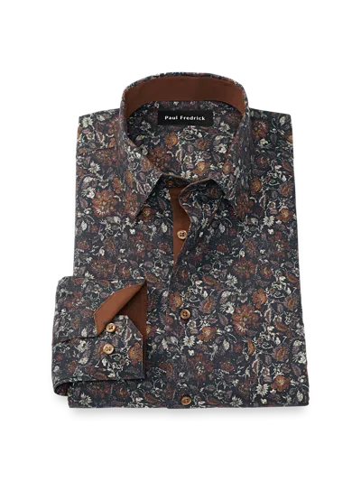 Paul Fredrick Tailored Fit Comfort Stretch Non-iron Floral Dress Shirt With Contrast Trim In Brown