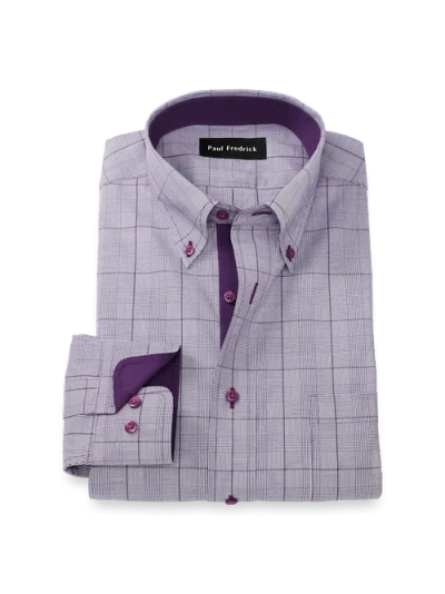 Paul Fredrick Tailored Fit Comfort Stretch Non-iron Glen Plaid Dress Shirt With Contrast Trim In Purple