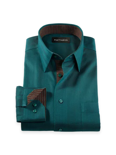 Paul Fredrick Slim Fit Comfort Stretch Non-iron Herringbone Dress Shirt With Contrast Trim In Green