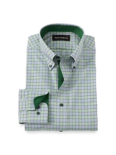 Paul Fredrick Tailored Fit Comfort Stretch Non-iron Plaid Dress Shirt With Contrast Trim In Green