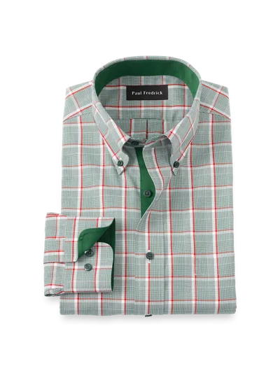 Paul Fredrick Tailored Fit Comfort Stretch Non-iron Plaid Dress Shirt With Contrast Trim In Green