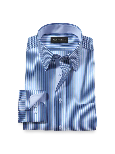 Paul Fredrick Tailored Fit Comfort Stretch Non-iron Stripe Dress Shirt With Contrast Trim In Blue