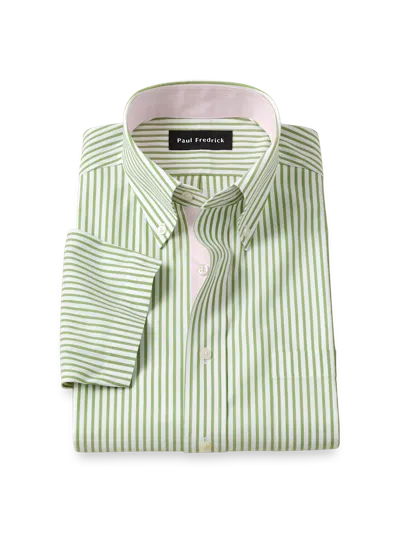 Paul Fredrick Tailored Fit Comfort Stretch Non-iron Stripe Dress Shirt With Contrast Trim In Green