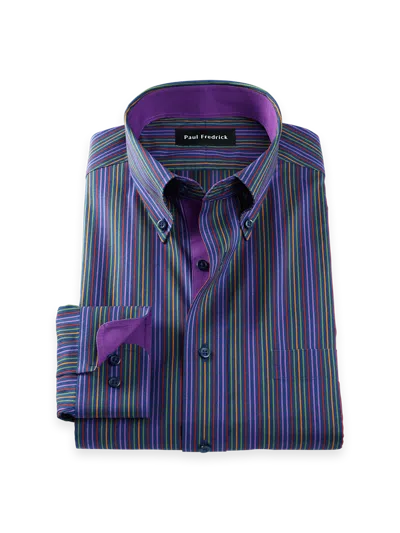 Paul Fredrick Tailored Fit Comfort Stretch Non-iron Stripe Dress Shirt With Contrast Trim In Multi