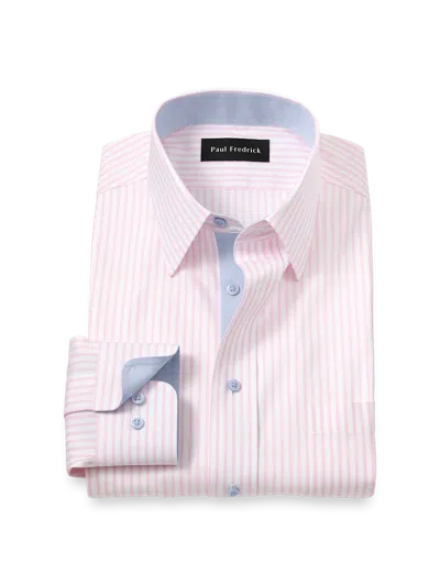 Paul Fredrick Tailored Fit Comfort Stretch Non-iron Stripe Dress Shirt With Contrast Trim In Pink