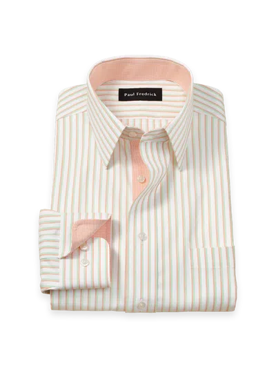 Paul Fredrick Tailored Fit Comfort Stretch Non-iron Stripe Dress Shirt With Contrast Trim In White