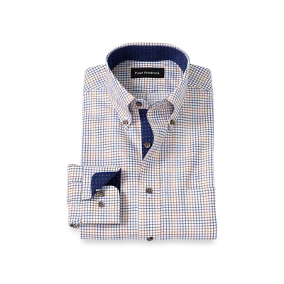 Paul Fredrick Tailored Fit Comfort Stretch Non-iron Tattersall Dress Shirt With Contrast Trim In Blue