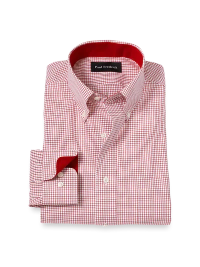 Paul Fredrick Comfort Stretch Non-iron Windowpane Dress Shirt With Contrast Trim In Pink