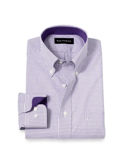 Paul Fredrick Tailored Fit Non-iron Cotton Check Dress Shirt With Contrast Trim In Purple