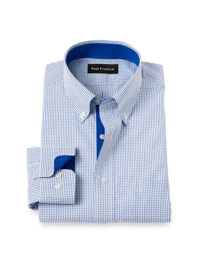 Paul Fredrick Tailored Fit Non-iron Cotton Check Dress Shirt With Contrast Trim In White