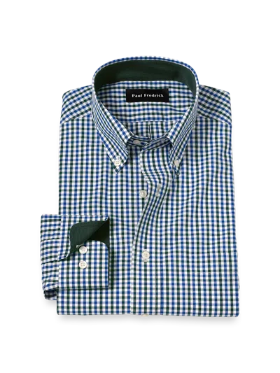 Paul Fredrick Tailored Fit Non-iron Cotton Gingham Dress Shirt With Contrast Trim In Blue