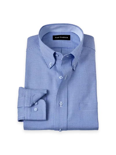 Paul Fredrick Tailored Fit Non-iron Cotton Houndstooth Dress Shirt With Contrast Trim In Blue