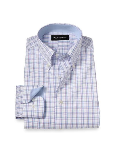 Paul Fredrick Tailored Fit Non-iron Cotton Plaid Dress Shirt With Contrast Trim In Multi