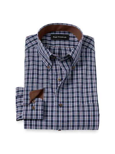 Paul Fredrick Tailored Fit Non-iron Cotton Plaid Dress Shirt With Contrast Trim In Blue