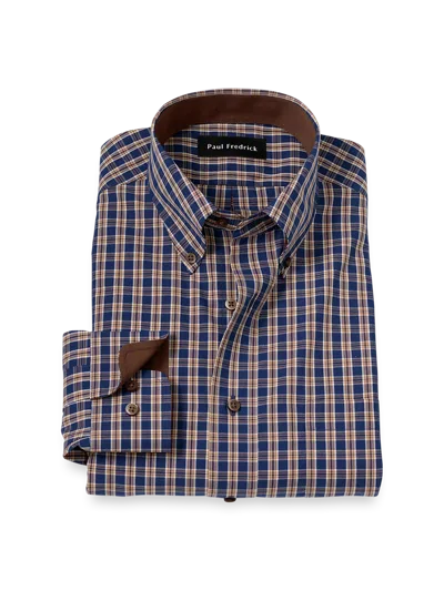 Paul Fredrick Tailored Fit Non-iron Cotton Plaid Dress Shirt With Contrast Trim In Multi