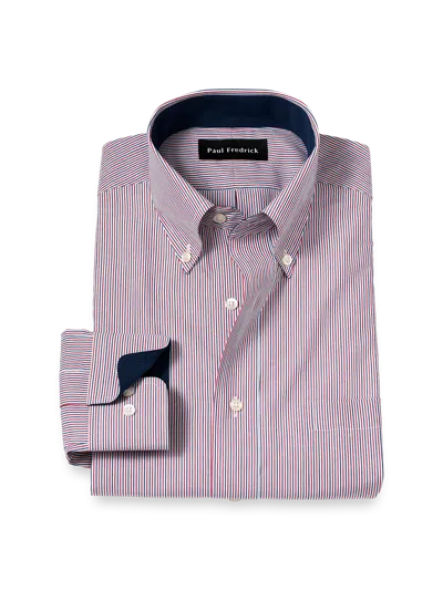 Paul Fredrick Tailored Fit Non-iron Cotton Stripe Dress Shirt With Contrast Trim In Red