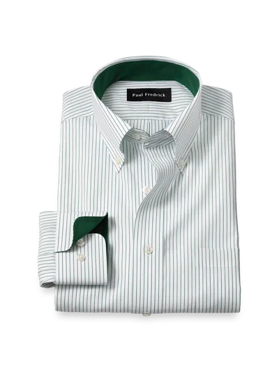 Paul Fredrick Tailored Fit Non-iron Cotton Stripe Dress Shirt With Contrast Trim In Green