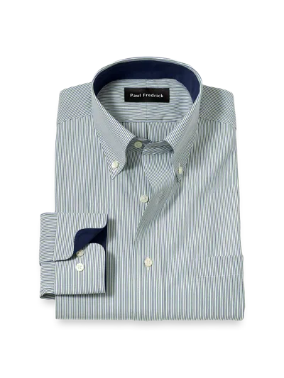 Paul Fredrick Tailored Fit Non-iron Cotton Stripe Dress Shirt With Contrast Trim In Green