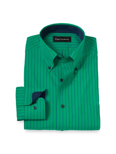 Paul Fredrick Tailored Fit Non-iron Cotton Stripe Dress Shirt With Contrast Trim In Green