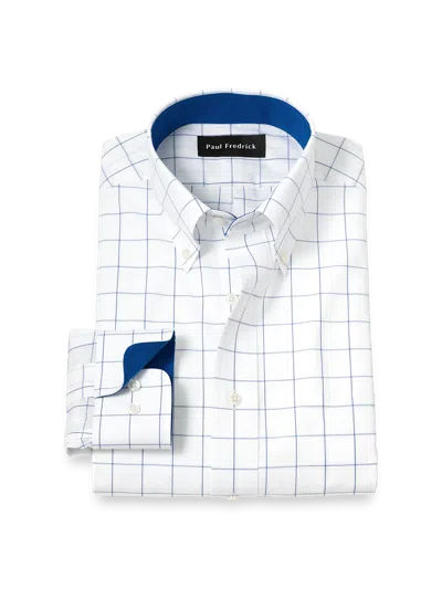 Paul Fredrick Tailored Fit Non-iron Cotton Windowpane Dress Shirt With Contrast Trim In Blue