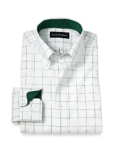 Paul Fredrick Tailored Fit Non-iron Cotton Windowpane Dress Shirt With Contrast Trim In Green