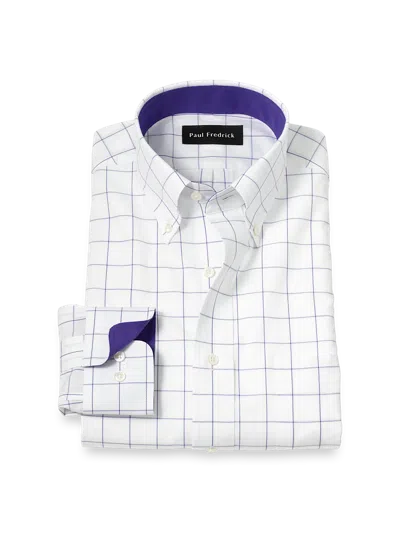 Paul Fredrick Tailored Fit Non-iron Cotton Windowpane Dress Shirt With Contrast Trim In White