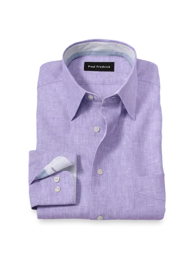 Paul Fredrick Tailored Fit Non-iron Linen Solid Dress Shirt With Contrast Trim In Purple