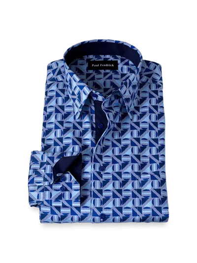 Paul Fredrick Tailored Fit Non-iron Cotton Geometric Dress Shirt With Contrast Trim In Blue