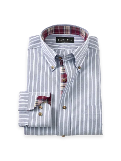 Paul Fredrick Tailored Fit Non-iron Thermolite Flannel Stripe Dress Shirt With Contrast Trim In White