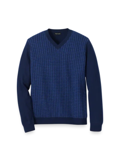 Paul Fredrick Washable Merino Wool Houndstooth V-neck Sweater In Blue