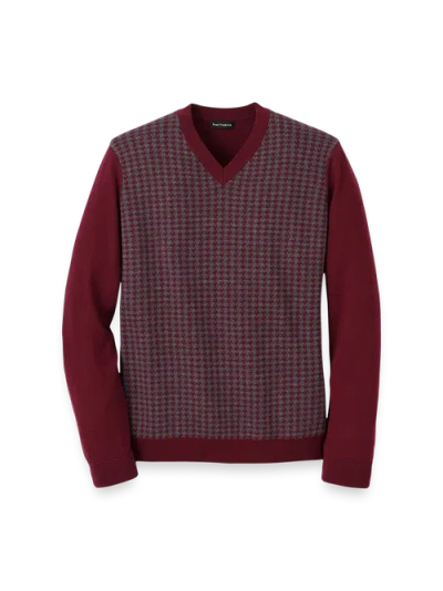 Paul Fredrick Washable Merino Wool Houndstooth V-neck Sweater In Burgundy
