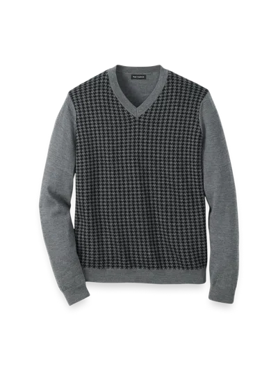 Paul Fredrick Washable Merino Wool Houndstooth V-neck Sweater In Gray