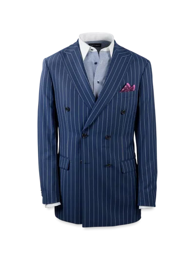 Paul Fredrick Wool Stretch Stripe Double Breasted Peak Lapel Suit Jacket In Blue